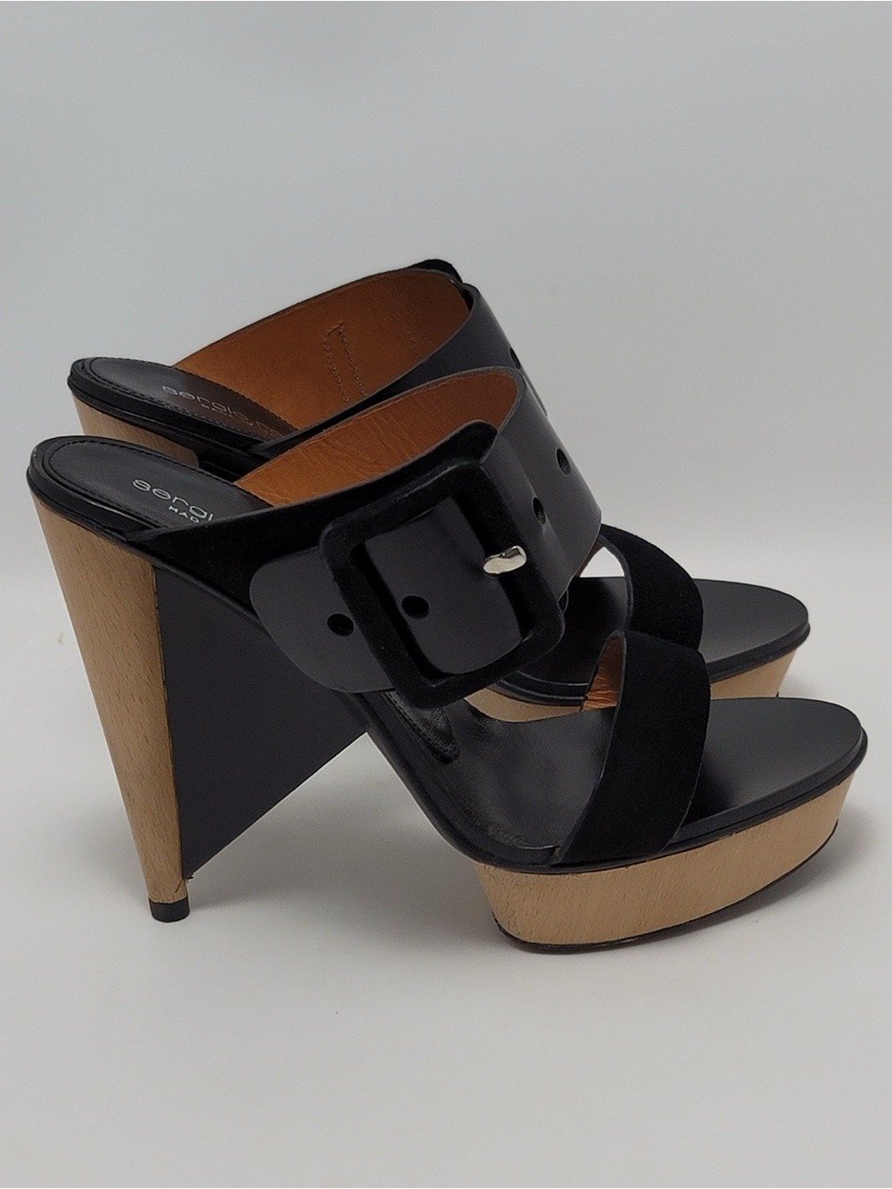 Sergio Rossi Suede Leather Buckle Wood Platform Cone Heels Slides Sandals Sz 37